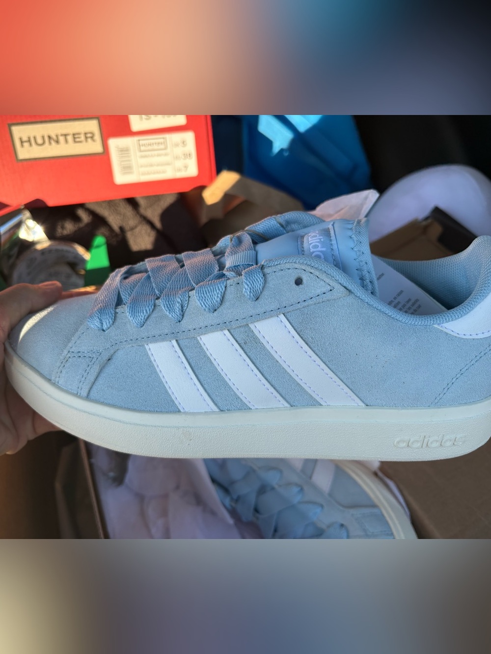New w tags adidas ladies Light Blue Suede Grand court Classic Sneakers Sz 6